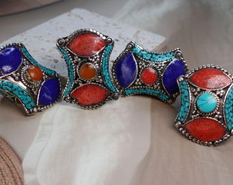 Large Ethnic Adjustable Tibetan Silver Rings, Turquoise, Coral & Lapis Inlay Rings.