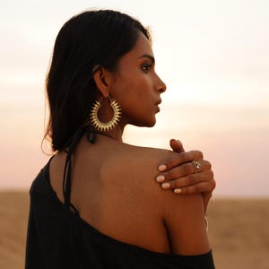 Soleil Mandala Brass Hoops – Ethnic Boho Statement Earrings.