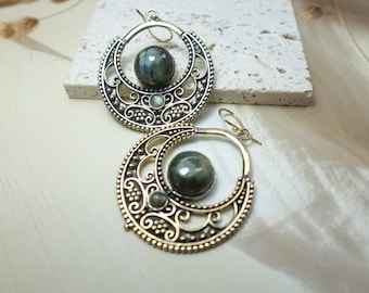 Ornate Brass Drop Earrings with Labradorite/Moonstone - Round dangle earrings featuring ornate brass work and center stones.