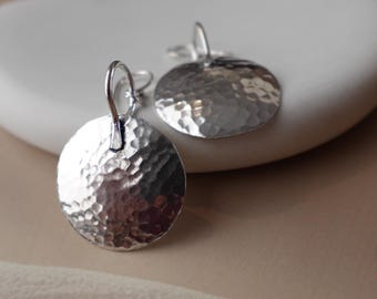 Luna Hammered Discs - Bold Silver Circle Earrings with Textured Finish.