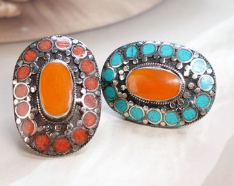 Large Ethnic Adjustable Tibetan Silver Rings, Turquoise, Coral Inlay Rings.