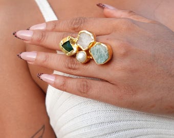 Bold Harmony Natural Stone Cluster Rings – Handcrafted  18k Gold-Plated Brass Statement Jewelry.