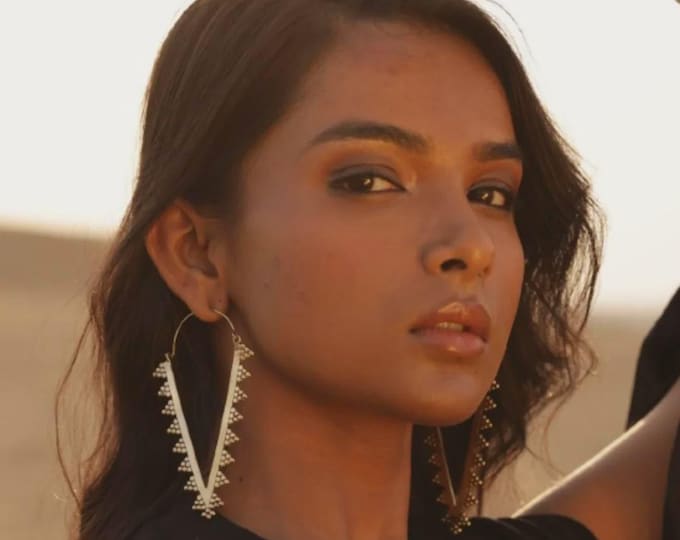 Featured listing image: Zahara Spike Hoops - Edgy Brass Triangle Hoops with Boho Desert Vibes.
