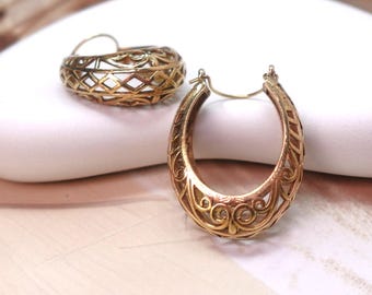 Filigree Brass Hoop Earrings – Crescent Drop Mandala Style.