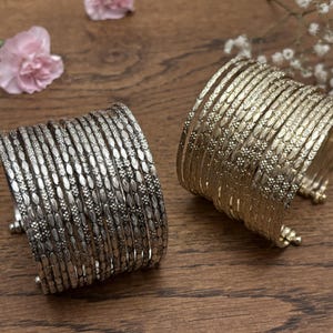 Hammered Gold/Silver Finish Stack Cuff – Adjustable Brass Bangles Set.
