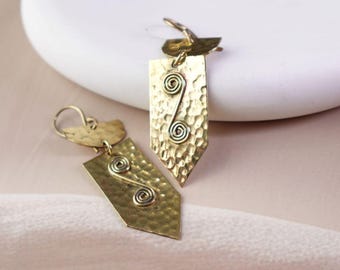 Gaia Hammered Shield Drops - Rustic Brass Earrings with Spiral Wire Detail.