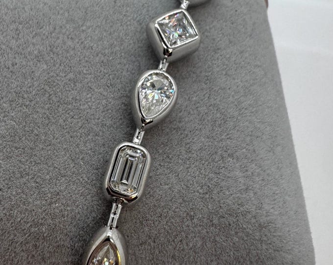 Moissanite Bezel Bar Chain Bracelet, 18ct Multi Shape, Sterling Silver