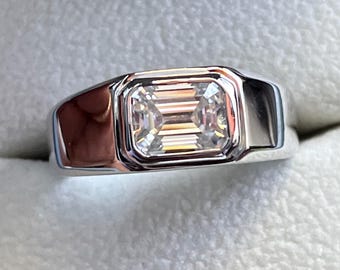 Emerald Cut Moissanite Ring for Men: Sterling Silver Bezel Signet