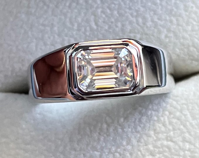 Emerald Cut Moissanite Ring for Men: Sterling Silver Bezel Signet