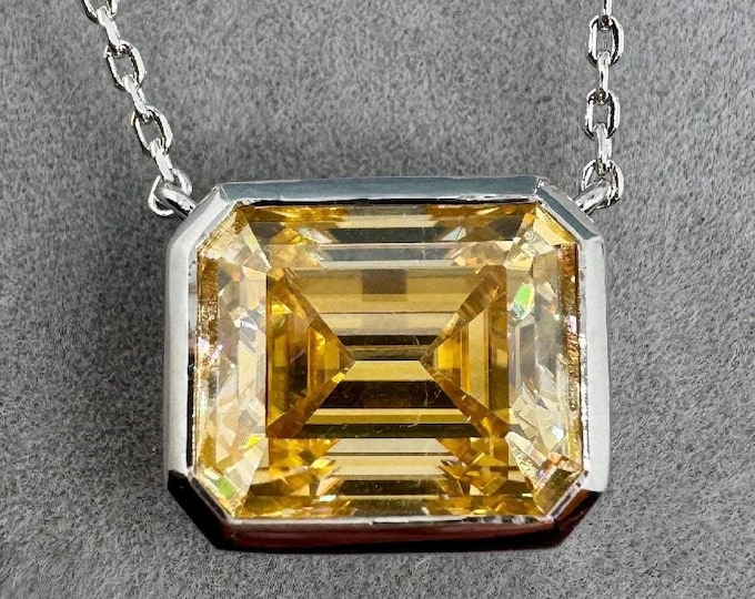 Yellow Moissanite Necklace: Emerald cut 5-carat Bezel Pendant, Sterling Silver