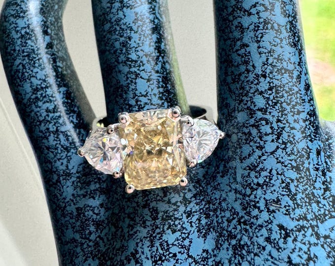 Radiant Yellow Engagement Ring  3-Moissanite Ring Certified Vvs1 925/18k