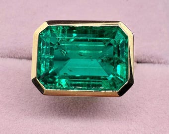 8 Carat Lab Emerald Ring: East West 14k Yellow Gold