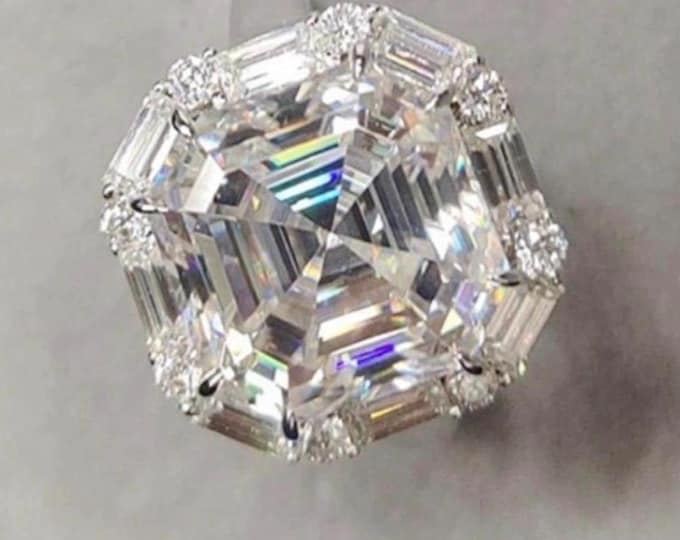 Moissanite 12ct Asscher  Engagement Ring Custom Designed Cocktail Ring Comfort Band 18k White Gold