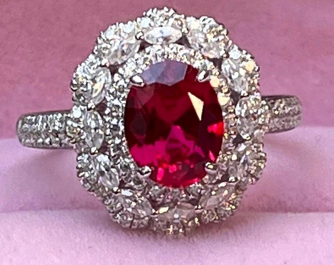Ruby Moissanite Cluster Statement Ring 925/18k