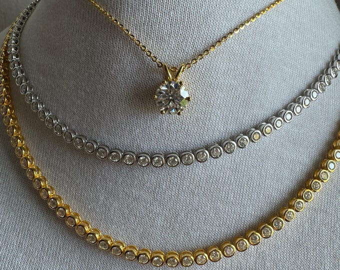 Bezel Moissanite Tennis Necklace: 3.0mm D VVS1, 18K Gold over 925 Silver