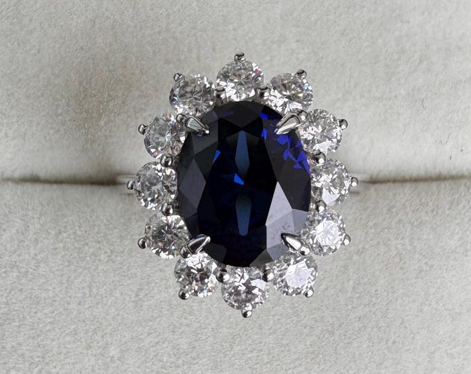 14k White Gold Sapphire Moissanite Halo Engagement Ring Oval Blue Sapphire