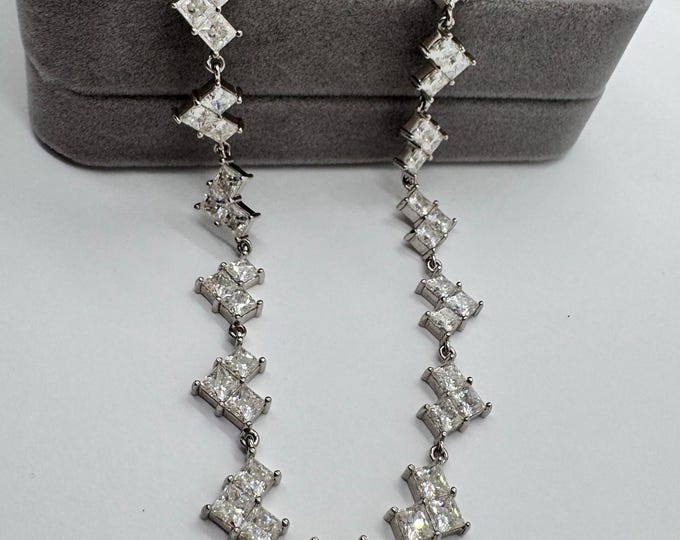 Princess Cut Moissanite Heart Tennis Necklace: Sterling Silver, 18k Gold Plated