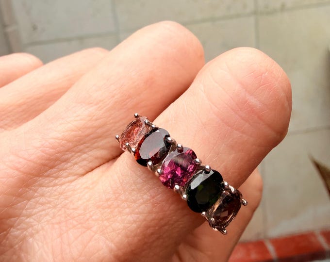 Natural Tourmaline Cluster Ring in Sterling Silver