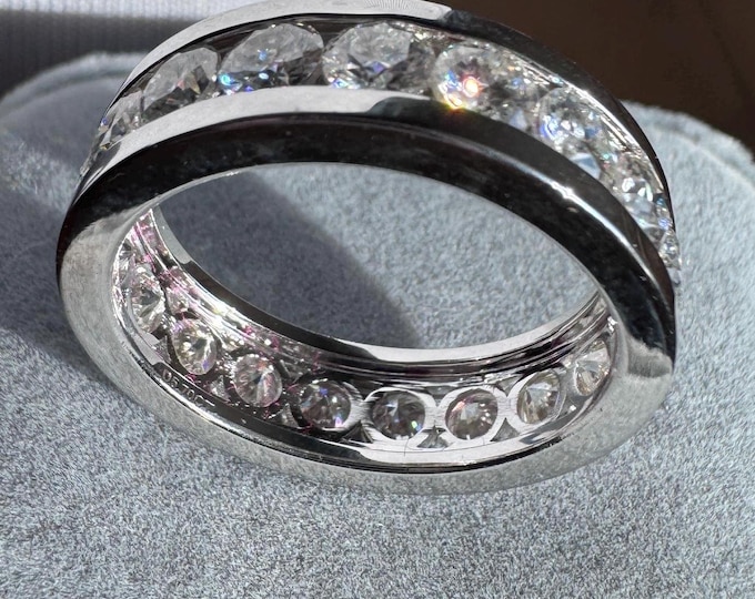 Moissanite Full Eternity Band: Sterling Silver Channel Set Anniversary Ring