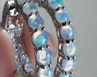 Opal Hoop Earrings Natural Gemstone Inside Outside Sterling Silver Hoops 20mm