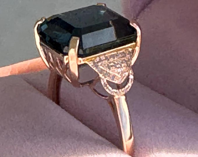 Natural Blue Sapphire Engagement Ring • 9 Carat Emerald Cut • 18k Rose Gold Diamond Pave Band