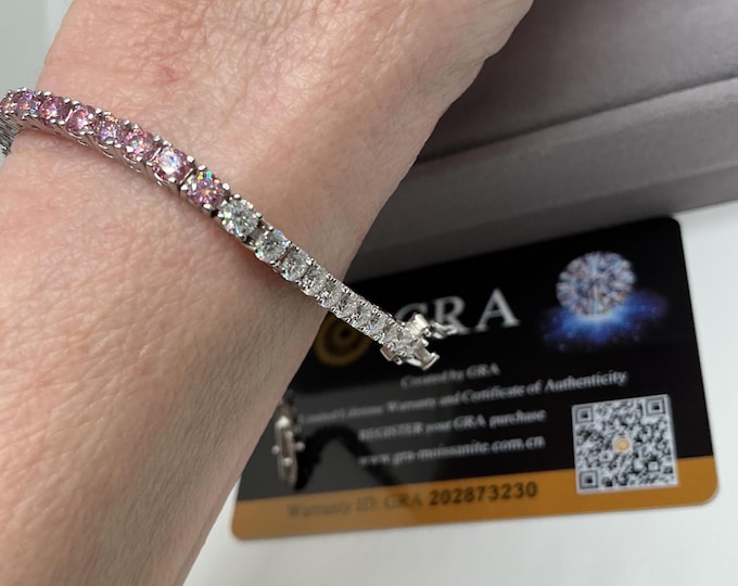 Gradient shades of Pink Moissanite Tennis Bracelet 3.0mm Certified Moissanite 925/18k