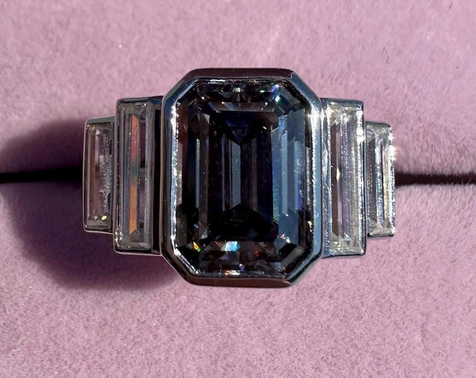Grey Emerald Moissanite Ring 5 stone Modern Bezel Ring 925/10k/14k/18k
