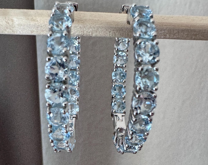 Aquamarine Hoop Earrings: Sterling Silver Inside Outside Hoops
