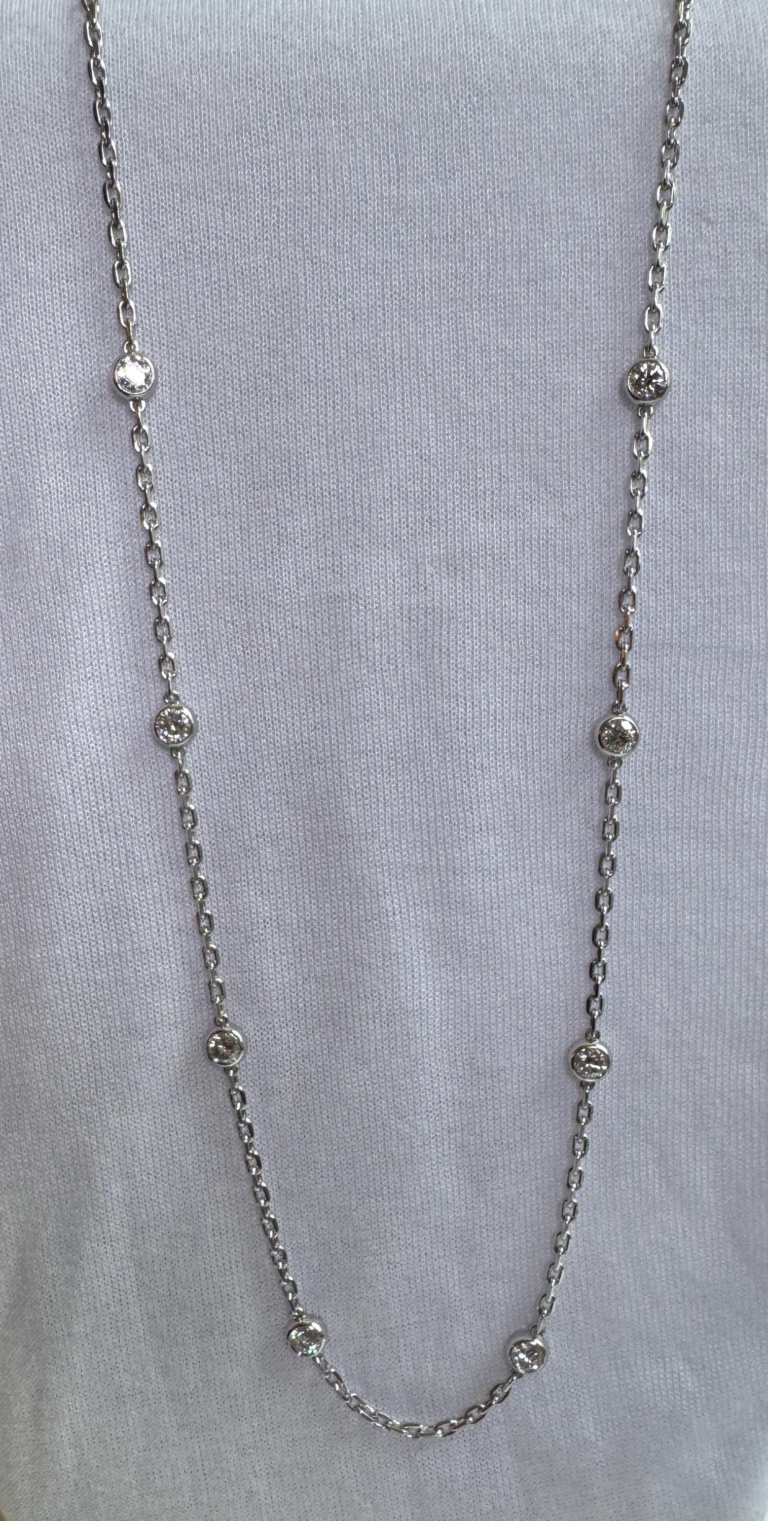 PT950 Platinum Diamond Station Necklace: 3.0mm Rolo Chain 5.0mm