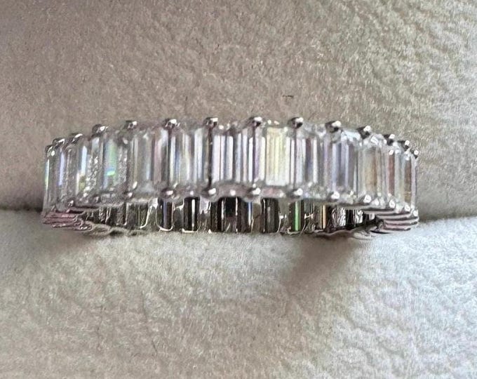 Moissanite Eternity Band Emerald Cut Wedding Ring Certified D VVS1 925/18k
