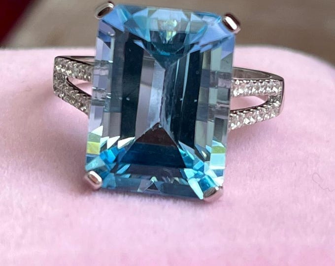 Natural Topaz Swiss Blue Rectangular Gemstone Split Shank Sterling Silver