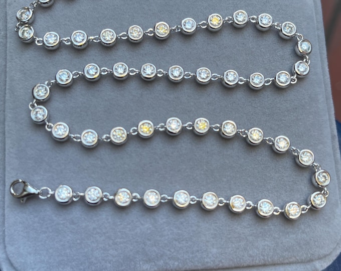 Bezel Set Moissanite Tennis Necklace: VVS1 Certified, 925/18k Gold