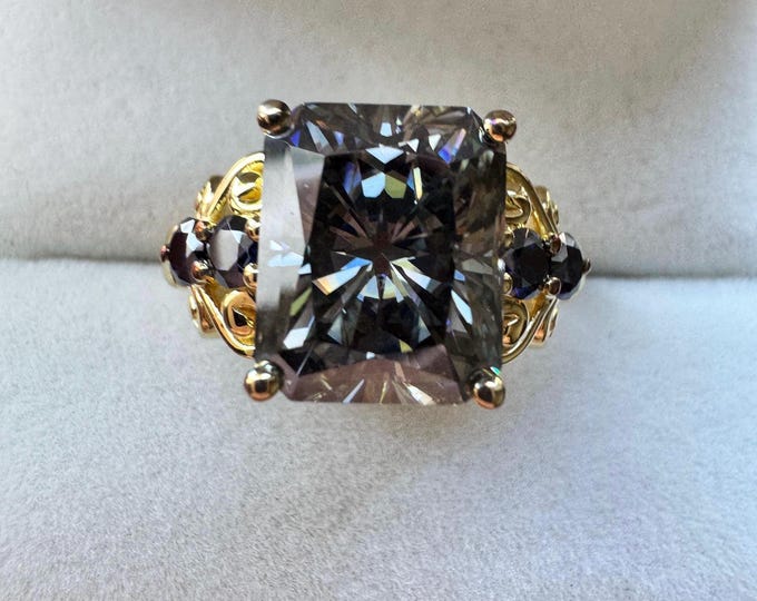 Grey Moissanite Radiant Cut Statement Ring 5.5ct GRA Certified VVS1 9x11mm Cocktail Ring