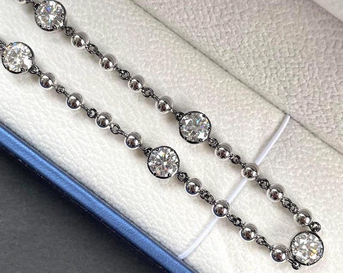 Moissanite Tennis Necklace: Beaded Chain, Georgian Cut Down 2-tone Gold Blackened Bezel Custom Design
