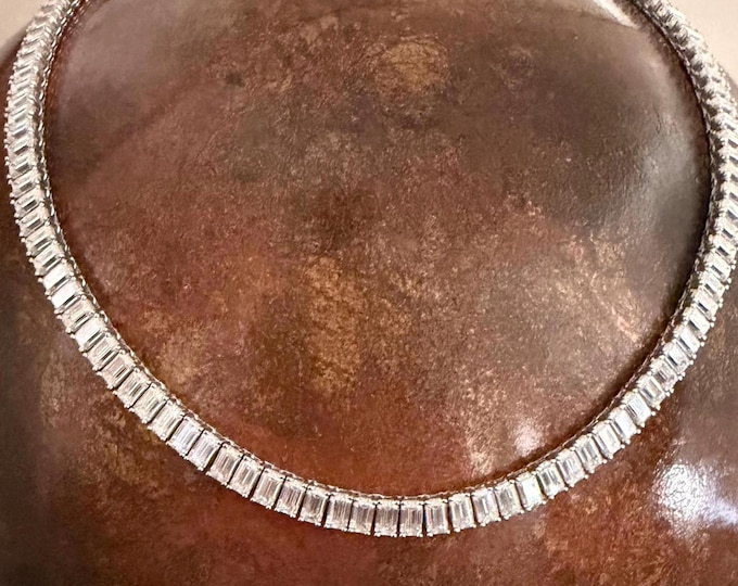Emerald Cut Moissanite Tennis Necklace, GRA Certified D VVS1, 18k Gold Plated Silver