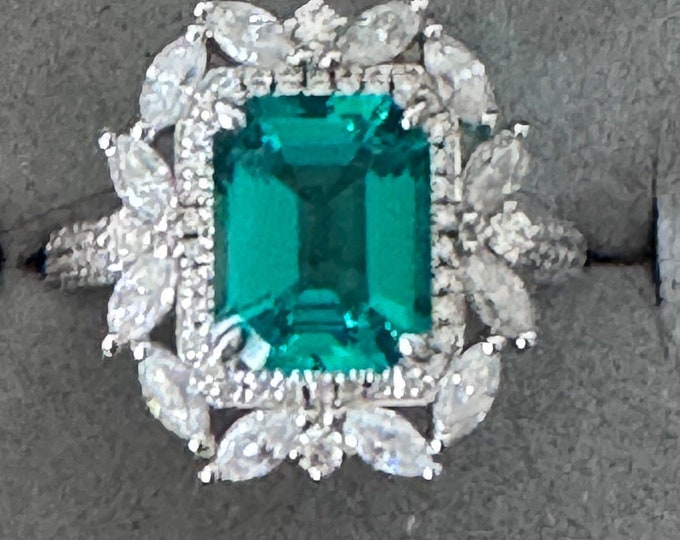 Emerald Moissanite Halo Ring: 18K White Gold Plated Sterling Silver