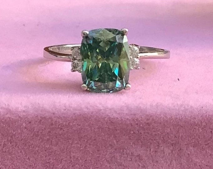 Peackock Green Moissanite Cushion Cut Ring 3 stone Colorful Ring 925
