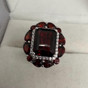 Rectangular Ruby Garnet Statement Ring, Sterling Silver Halo Ring image 3