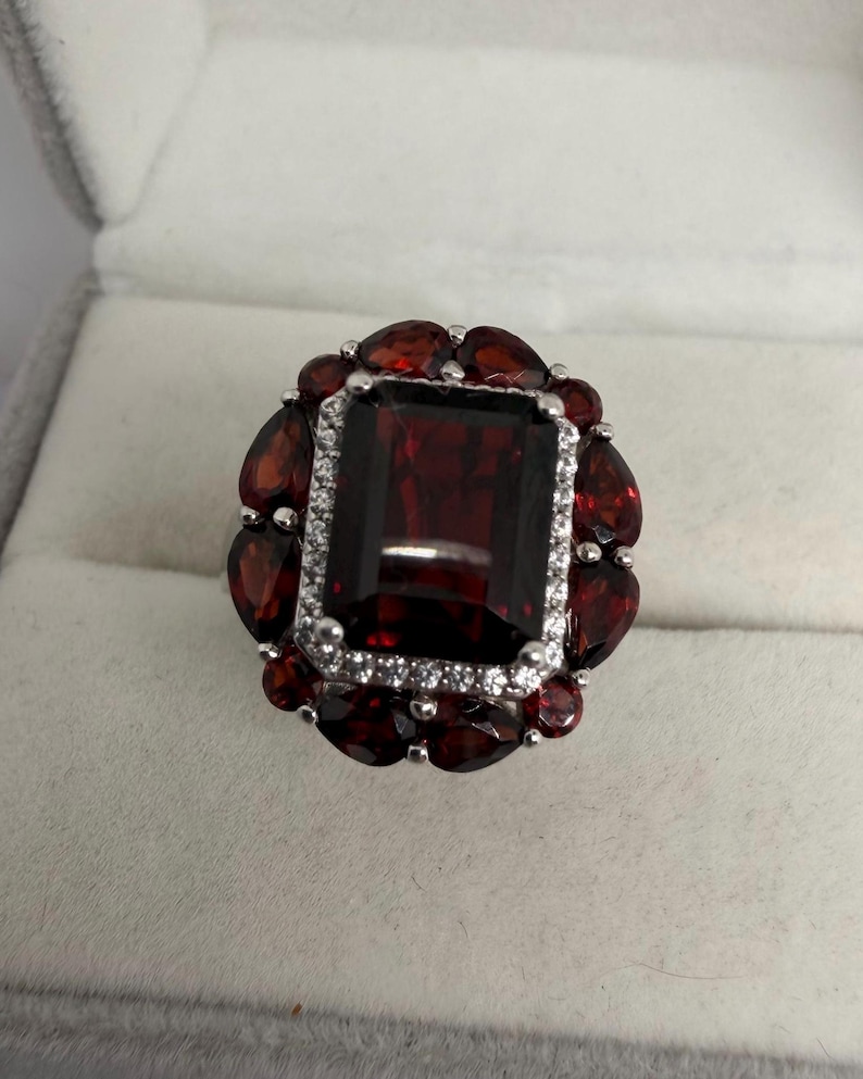 Rectangular Ruby Garnet Statement Ring, Sterling Silver Halo Ring image 3