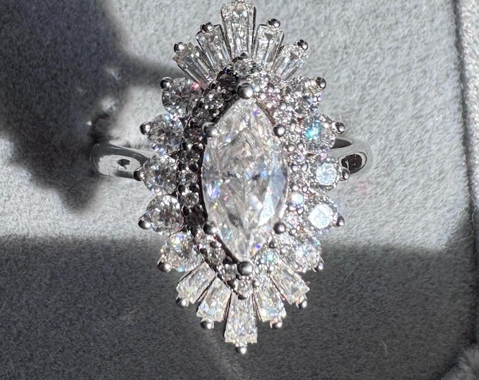 Marquise Moissanite Halo Engagement Ring Unique Moissanite 925/18k