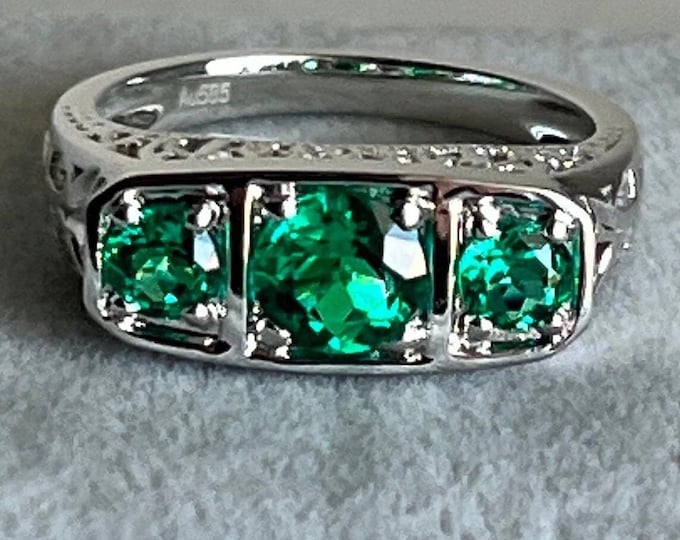 3-stone Emerald Ring 14k White Gold Handcrafted Art Deco Vintage Style Jewelry