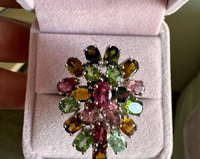 Natural Tourmaline Cluster Ring in Sterling Silver