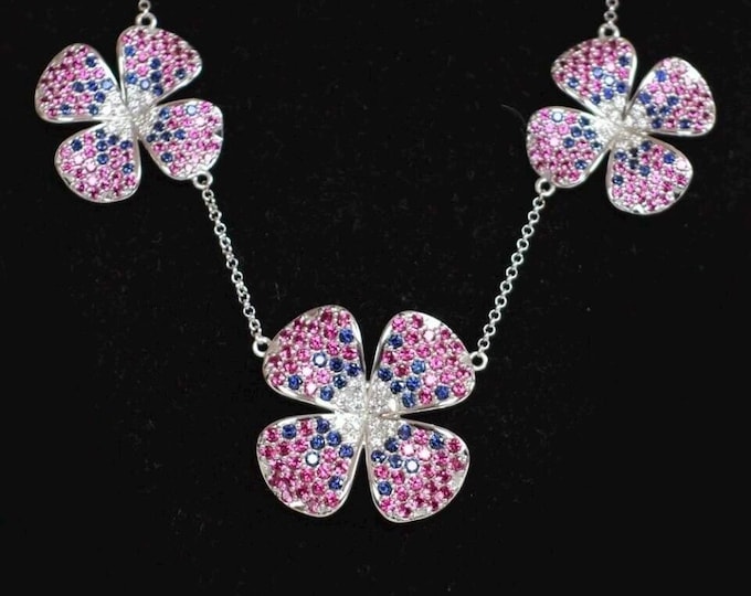 Ruby and Sapphire Floral Bib Necklace Personalized Designed Gemstone Statement Necklace