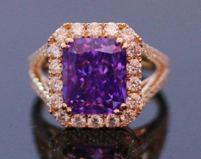 14K Yellow Gold Purple Moissanite Halo Ring: Crushed Ice Radiant Cut