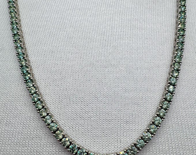 Blue Moissanite Tennis Necklace:  White Gold guilded Sterling Silver 18k Vermeil