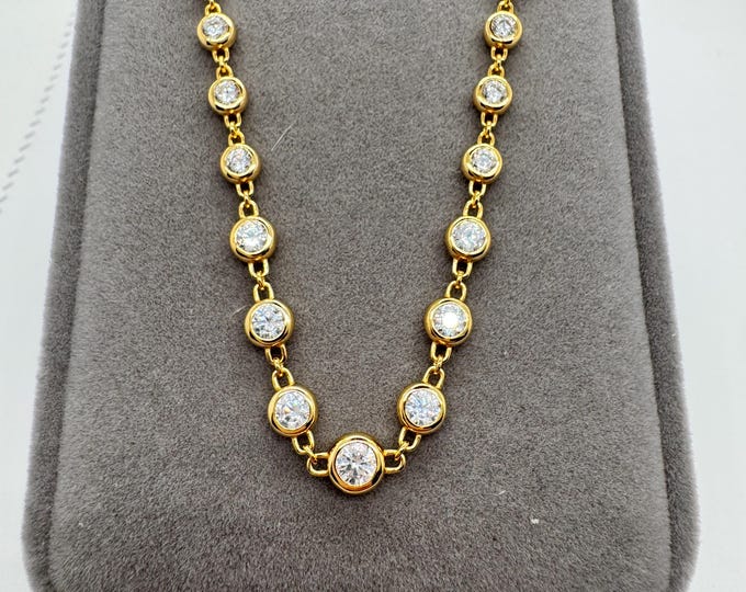Moissanite Graduated Station Necklace 20 inches Bezel Tennis Chain 925/18k