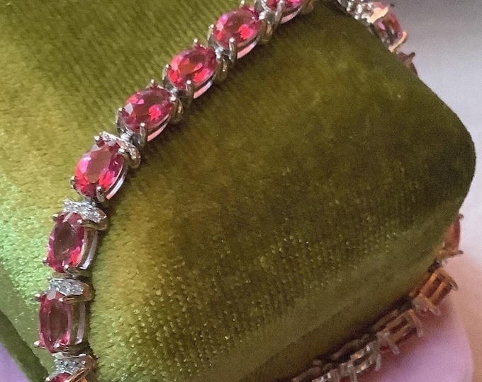 Pink Topaz Tennis Bracelet: 18k Gold Plated Sterling Silver, Adjustable