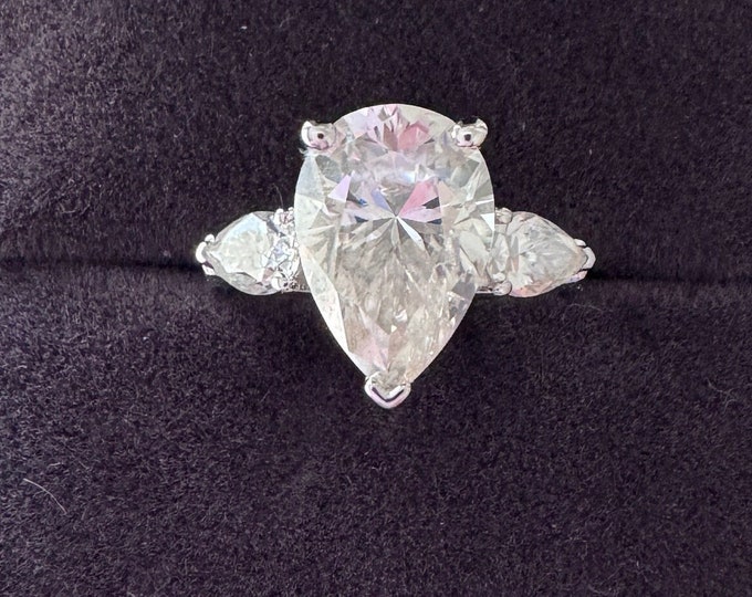 Pear Cut Moissanite 3-Stone Engagement Ring: 18k Gold Plated 925 Silver