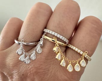 Moissanite Double Ring: Pear Cut Bezel Set, Sterling Silver & 18K Gold