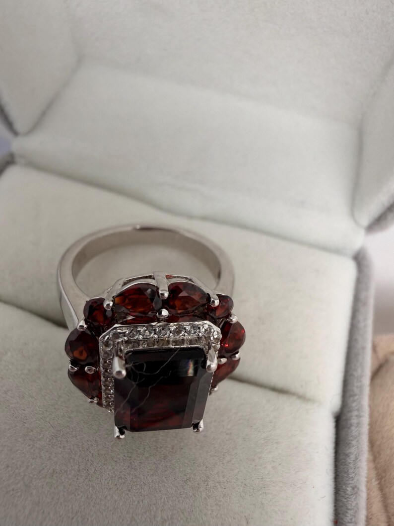 Rectangular Ruby Garnet Statement Ring, Sterling Silver Halo Ring image 8
